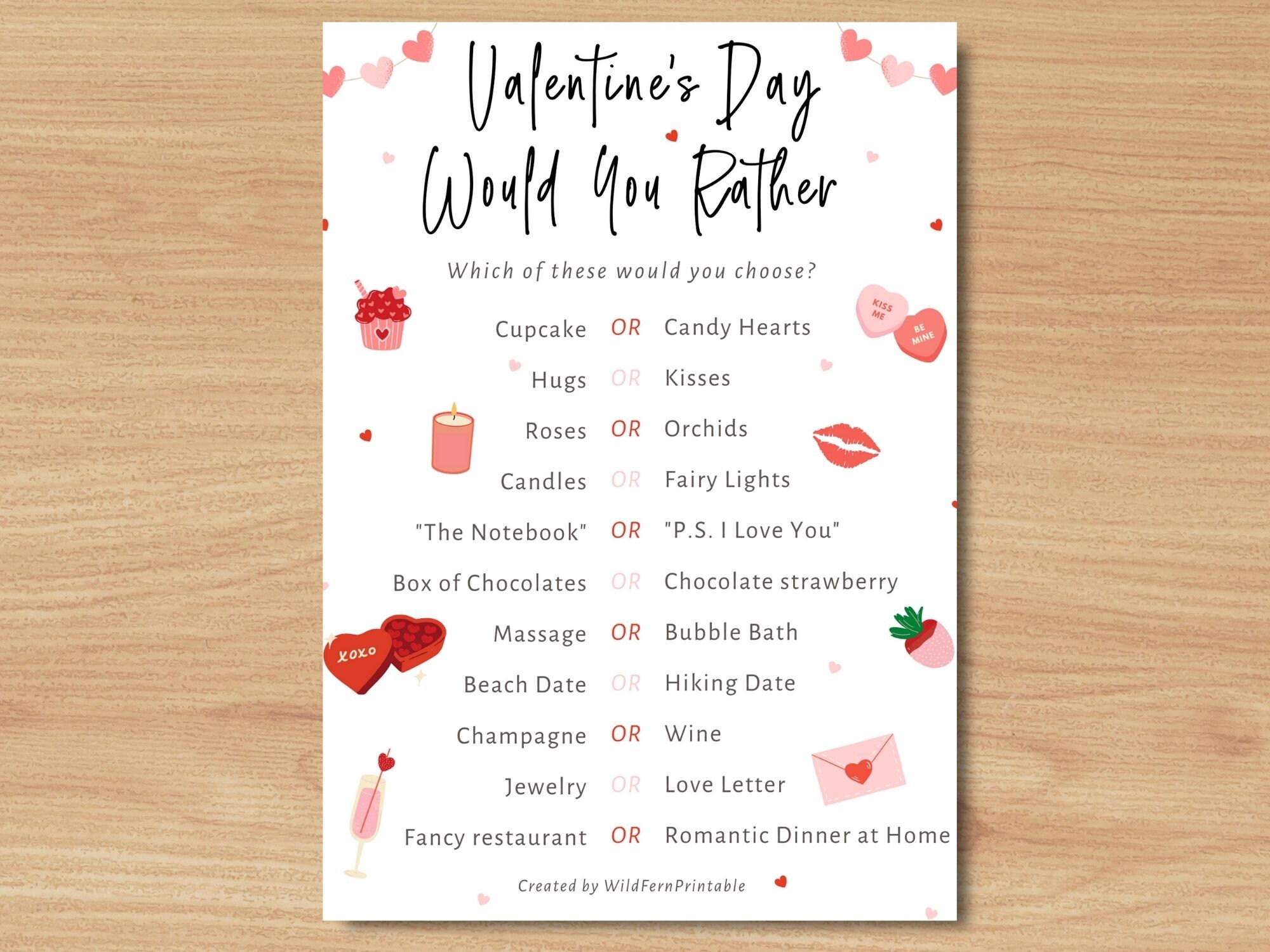 Valentine's Day Printable Game Would You Rather Adult This or That ...