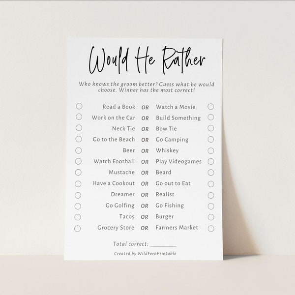 Would He Rather Printable Game | Minimalist Wedding Groom Quiz | Simple Bridal Shower This Or That Game | Fun Modern Minimal Bridal Party