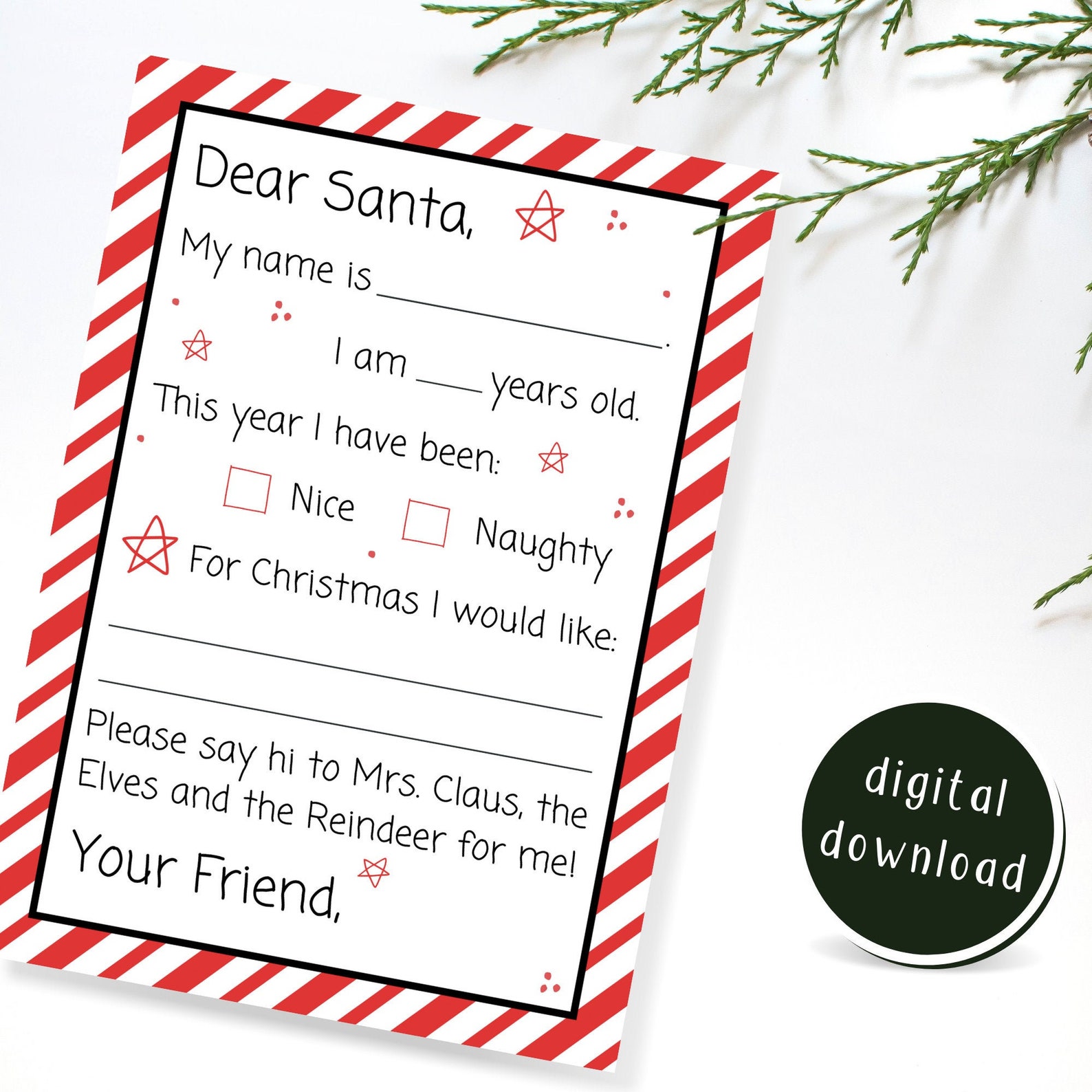 Dear Santa Letter. Printable Kids Letter Santa. Naughty Nice | Etsy