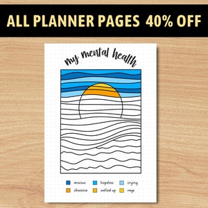 May include: A printable planner page featuring a black and white illustration of a sunset over a wavy ocean. The page is titled "my mental health" and includes a colour key with the following colours: blue, orange, yellow, light blue, and yellow. The colours represent the following emotions: anxious, obsessive, hopeless, walled up, crying, and rage.