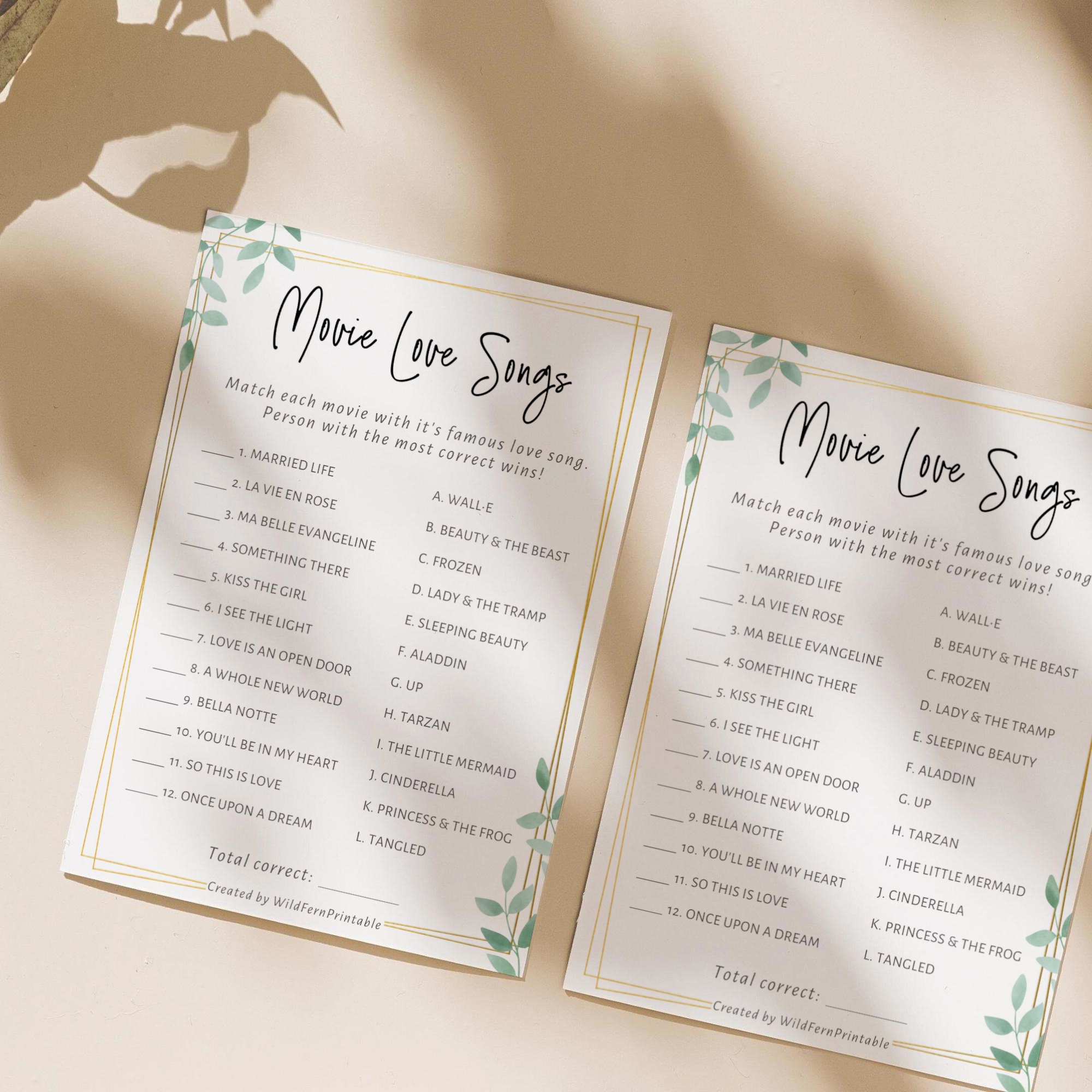 Movie Love Songs Printable Game Gold Greenery Wedding Trivia Geometric ...
