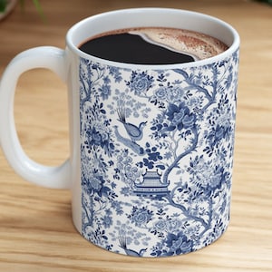 Chinese blue pottery White Ceramic Coffee Mug, Tea/Coffee mug with Chinese floral pattern, Blue and White Floral Mugs, Oriental Blue Cups