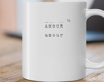Amour, French White Ceramic Coffee/Tea Mug, Cute Coffee Mug, Minimalist Coffee/Tea Mug, Gift for her, Gift for him