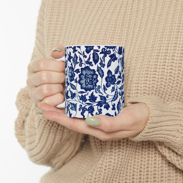 Blue Floral pattern White 11oz Ceramic coffee/Tea Mug, Chinese Blue pottery designed coffee/tea mug