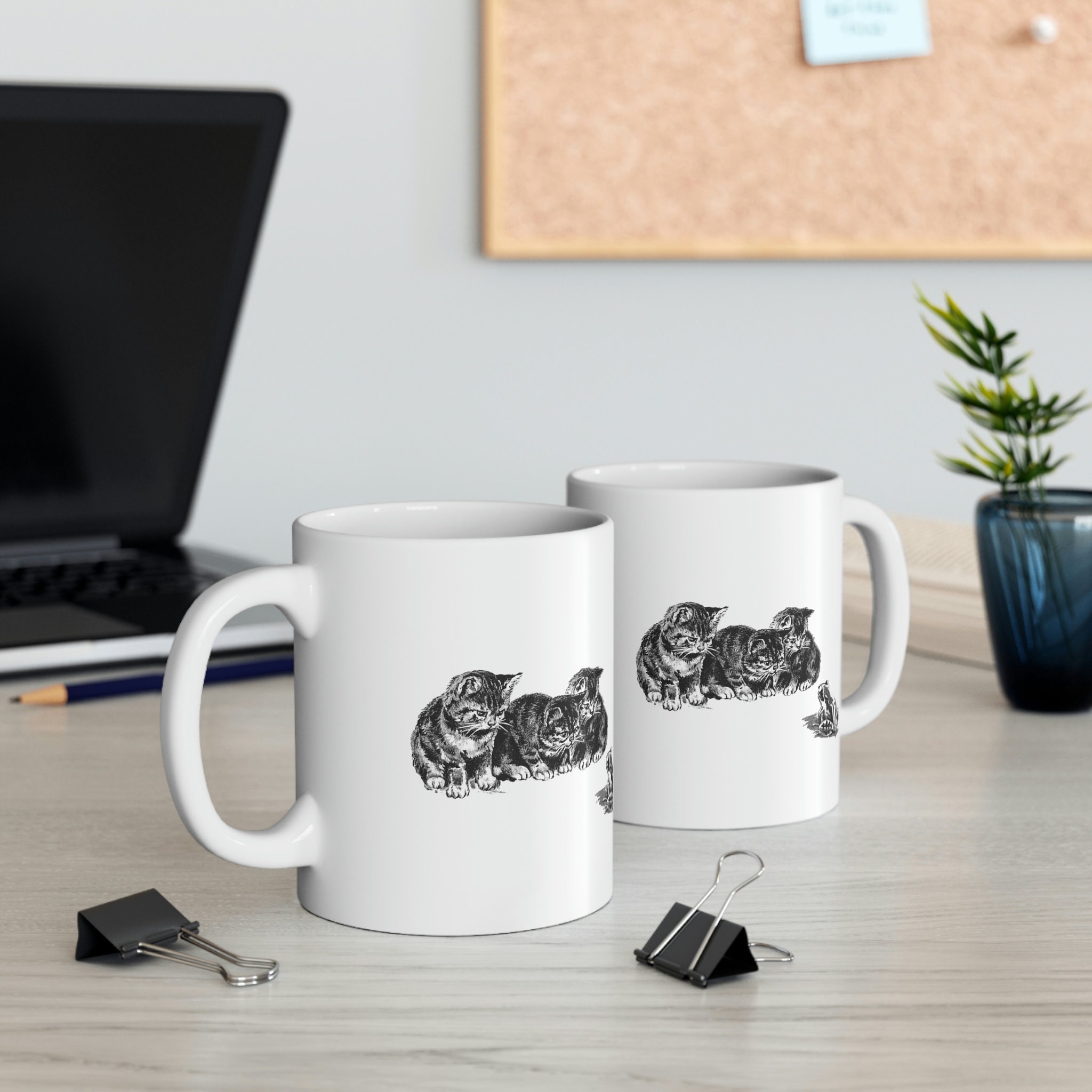 Discover Kittens and a toad vintage art coffee mug, toad mug Frog Mug, curious cat coffee mug