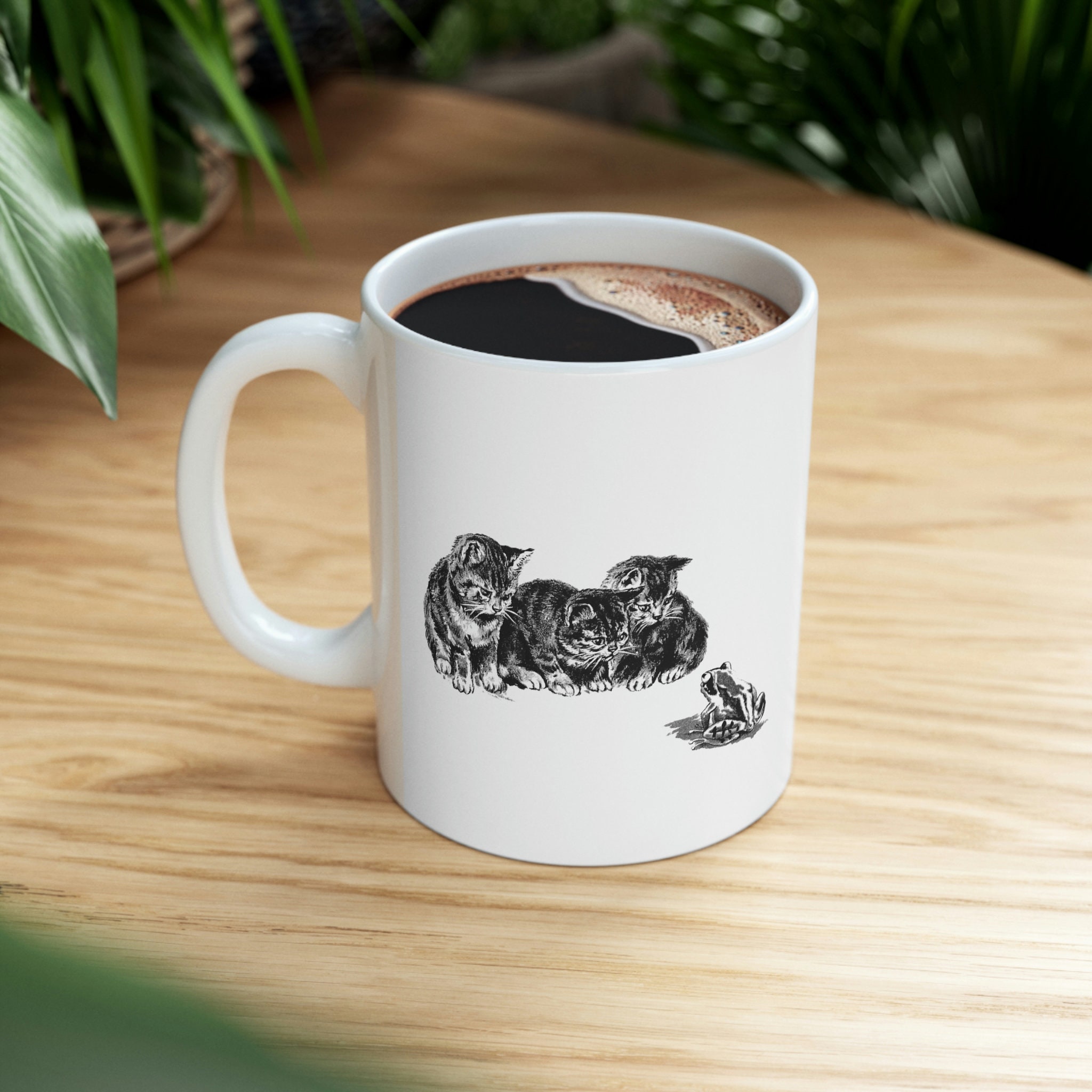 Discover Kittens and a toad vintage art coffee mug, toad mug Frog Mug, curious cat coffee mug