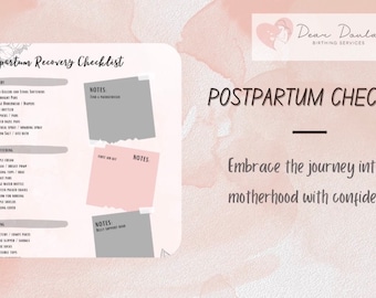 May include: A checklist for postpartum recovery with sections for recovery, breastfeeding, and learning. The checklist has notes sections with torn paper edges. The text "Postpartum Recovery Checklist" is at the top of the page. The text "Postpartum Checklist" is at the top right of the page. The text "Embrace the journey into motherhood with confidence!" is below the checklist title.