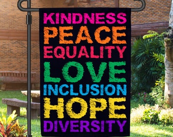 Bandera de jardín con mensaje "PAZ", decoración de pared, esperanza, amor, igualdad, inclusión y bondad, bandera del orgullo, bandera LGBTQ personalizada, bandera del orgullo del progreso