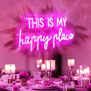 Placa de neon "Este é o meu lugar feliz", luz de neon LED personalizada para quarto, decoração de casa, decoração de parede para salão de beleza, presente personalizado, decoração para festa de casamento