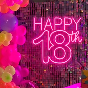 Placa de neon de feliz aniversário, placas de neon de LED personalizadas, placa de aniversário de 18 anos personalizada, placa de neon de LED de feliz aniversário, placas de neon, presentes de aniversário de 18 anos