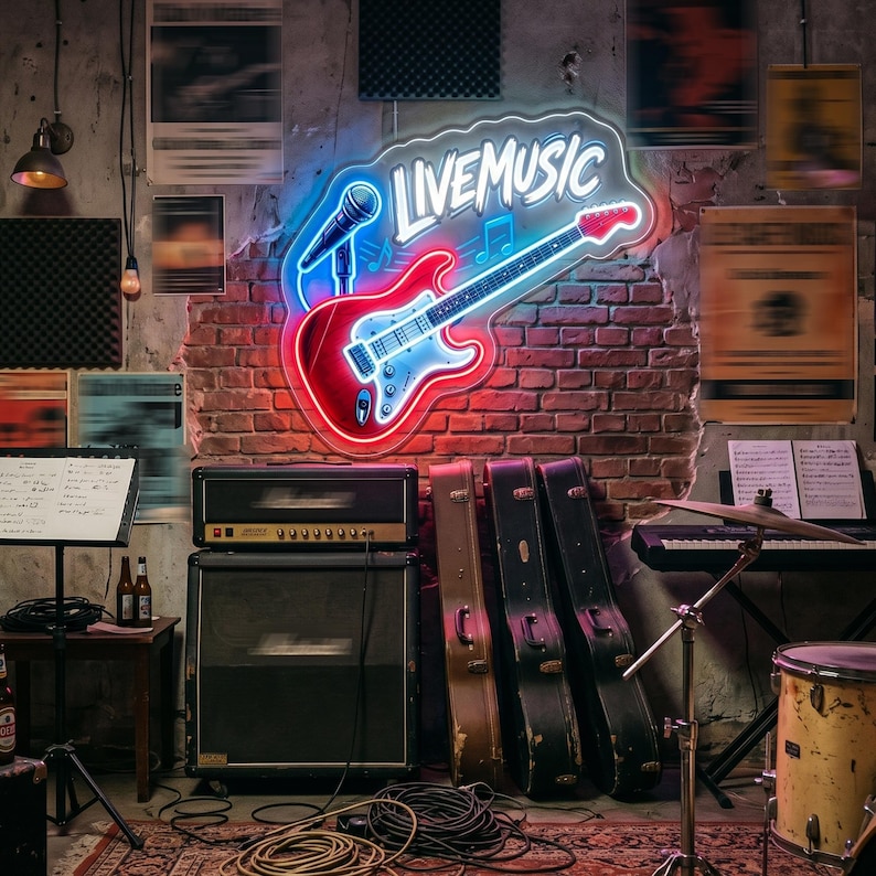 May include: A neon sign with the words "LIVE MUSIC" above a red and blue electric guitar and microphone. The sign is mounted on a brick wall. Musical instruments, including a drum set, amplifier, and keyboard, are in the foreground.