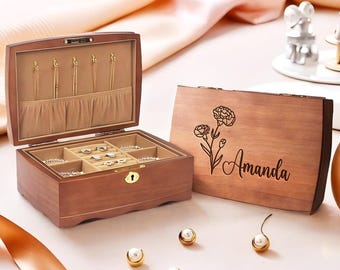 Custom Engraved Jewelry Box, Custom Birth Flower Wooden Jewelry Box, Anniversary Gift for Her, Bridesmaid Gift, Personalized Jewelry Box