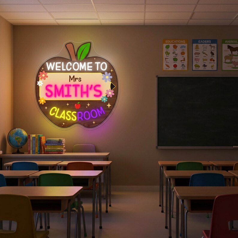 Custom Teacher Name Neon Sign, Personalized Apple Classroom Light, Back ...
