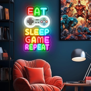Eat Sleep Game Repeat Neon Sign Gaming Decor, Game Room Wall Decor, Game Room Neon Sign Led, Gaming Room Decor, Gift for Gamer/Boyfriend