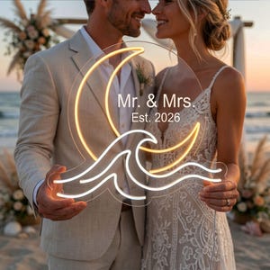 Letrero de neón personalizado de luna y olas, letrero personalizado con nombre para bodas, decoración para bodas en la playa, regalo de aniversario costero, luz LED con nombre personalizado, estilo bohemio.