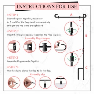 Puede incluir: Instrucciones para ensamblar un asta de bandera de metal negro. Las instrucciones incluyen ilustraciones que muestran c&oacute;mo atornillar los postes juntos, insertar el tope de la bandera, insertar la bandera en la varilla superior y usar el clip para sujetar la bandera.