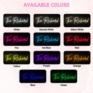 May include: A selection of neon signs in various colors, each displaying the name "The Richard." Available colors include white, neutral white, warm white, pink, ice blue, red, yellow, purple, orange, blue, and green. The signs are rectangular with rounded corners.