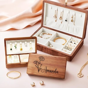 Benutzerdefinierte Schmuckschatulle besten Geschenke für sie, Holz Schmuck Organisator, kundenspezifische Geburts-Blumen-Gastgeschenk, Muttertagsgeschenk, hölzerne Kasten personifiziertes Geschenk