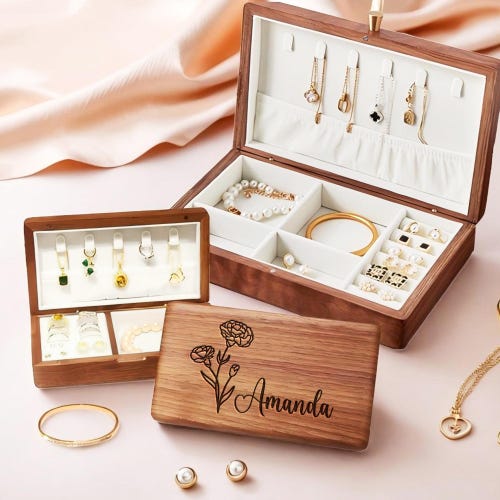 Boîte à bijoux personnalisée Meilleurs cadeaux pour elle, Organiseur de bijoux en bois, Cadeau personnalisé pour fleur de naissance, Cadeaux pour la Saint-Valentin, Boîte en bois personnalisée