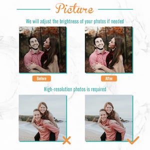Puede incluir: Dos im&aacute;genes que muestran la diferencia de brillo de una foto antes y despu&eacute;s de la edici&oacute;n. La primera imagen muestra una pareja en un bosque, la segunda imagen muestra la misma pareja con el brillo ajustado. La segunda imagen es m&aacute;s brillante y m&aacute;s vibrante. El texto "Antes" y "Despu&eacute;s" est&aacute; debajo de cada imagen. El segundo conjunto de im&aacute;genes muestra una pareja en una playa. La primera imagen est&aacute; borrosa y la segunda imagen est&aacute; clara y enfocada. Una X roja est&aacute; al lado de la primera imagen y una marca de verificaci&oacute;n verde est&aacute; al lado de la segunda imagen. El texto "Se requieren fotos de alta resoluci&oacute;n" est&aacute; encima de las im&aacute;genes.