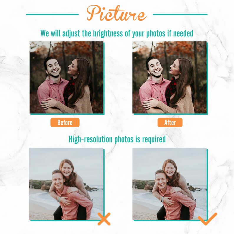 Puede incluir: Dos im&aacute;genes que muestran la diferencia de brillo de una foto antes y despu&eacute;s de la edici&oacute;n. La primera imagen muestra una pareja en un bosque, la segunda imagen muestra la misma pareja con el brillo ajustado. La segunda imagen es m&aacute;s brillante y m&aacute;s vibrante. El texto "Antes" y "Despu&eacute;s" est&aacute; debajo de cada imagen. El segundo conjunto de im&aacute;genes muestra una pareja en una playa. La primera imagen est&aacute; borrosa y la segunda imagen est&aacute; clara y enfocada. Una X roja est&aacute; al lado de la primera imagen y una marca de verificaci&oacute;n verde est&aacute; al lado de la segunda imagen. El texto "Se requieren fotos de alta resoluci&oacute;n" est&aacute; encima de las im&aacute;genes.