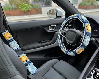 Crochet Steering Wheel Cover & Seat Belt Cover Set, Daisy Floral Car Accessories, Boho Auto Interior Decor, Cute New Car Gift for Teen Girl