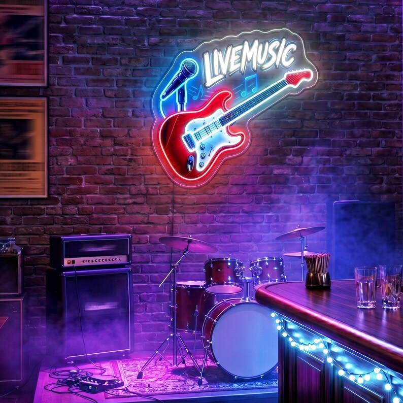 May include: A neon sign with the words "Live Music" above a red guitar and microphone. The sign is mounted on a brick wall. A drum set, amplifier, and bar are in the foreground, illuminated with purple and blue lights.
