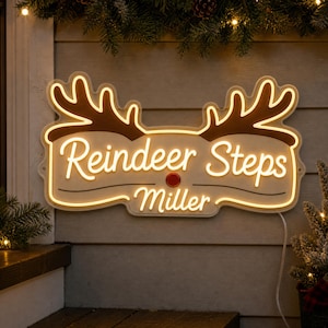 Reindeer Steps Family Name UV Neon Sign, Custom Christmas Porch Step Marker, Personalized Holiday Entryway Wall Decor Gift for Kids
