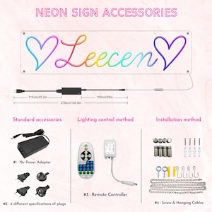 May include: A neon sign with the word "Leecen" in a rainbow gradient, flanked by two heart shapes. The sign includes a power adapter, remote control, and hanging hardware. The sign is 45.2 inches long.