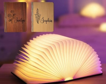 Custom Book Lamp Mothers Day Gift for Her, Folding Magnetic Custom Night Light, Custom Birth Flower Host Gift, Personalized Handmade Gift