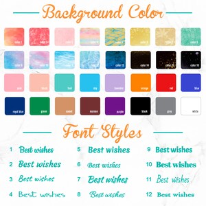 Puede incluir: Un gr&aacute;fico con 16 opciones de color de fondo diferentes para un proyecto de dise&ntilde;o. Los colores est&aacute;n dispuestos en una cuadr&iacute;cula con etiquetas para cada color. Debajo del gr&aacute;fico de colores, hay una lista de 12 estilos de fuente diferentes para el texto "Mejores deseos".