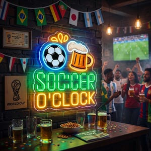 Peut inclure: Une enseigne au néon avec l'inscription "SOCCER O'CLOCK", un ballon de foot et une chope de bière. Le mur de briques est orné de drapeaux internationaux. Des personnes regardent un match de foot à la télévision.