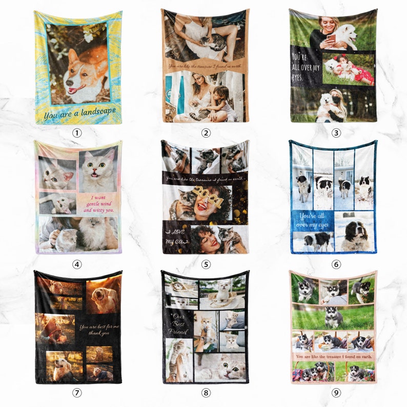 Puede incluir: Nueve dise&ntilde;os diferentes para mantas personalizadas para mascotas. Cada manta presenta un collage de fotos de mascotas con texto como "You are a landscape" y "You're all over my eyes".