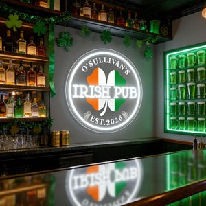 Enseigne au néon personnalisée pour pub irlandais, nom de famille personnalisé, néon LED pour bar à domicile irlandais, décoration d'art murale pour la Saint-Patrick, enseigne de bar pour sous-sol