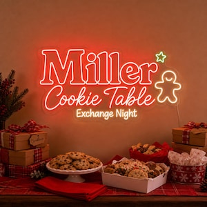 Letrero de neón personalizado para mesa de galletas, luz con nombre de anfitrión personalizado para intercambio de galletas navideñas, letrero decorativo para mesa de postres navideños, fondo de pared.