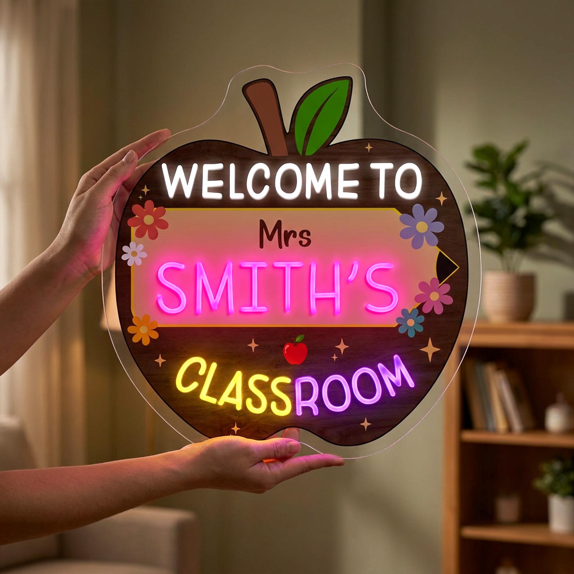 Custom Teacher Name Neon Sign, Personalized Apple Classroom Light, Back ...