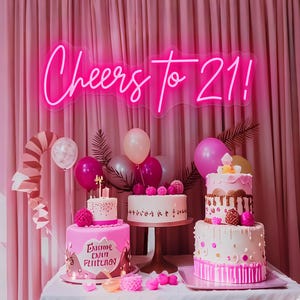 Letrero de neón de cumpleaños personalizado, letrero de luz de neón LED para el 21.º cumpleaños, decoración de fiesta de neón "Cheers", letrero de neón "Cheers to 21", regalo de cumpleaños número 21 para ella