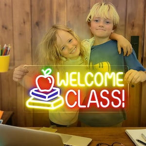 Welcome Class Neon Sign - Back to School Neon Light, Custom Classroom Decor, Teacher Gift, Classroom Sign Apple Book LED Signs for Wall