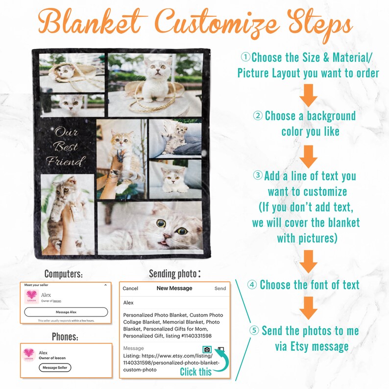 Puede incluir: Un collage de fotos de gatos con el texto "Our Best Friend" en un marco negro. Instrucciones para personalizar una manta de fotos con el texto "Blanket Customize Steps" y pasos numerados para elegir el tama&ntilde;o, el material, el color de fondo, el texto, la fuente y enviar fotos a trav&eacute;s de un mensaje de Etsy.