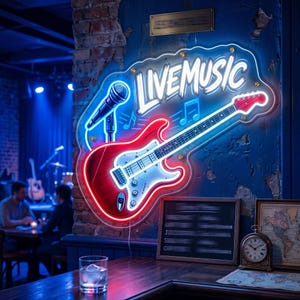 May include: A neon sign with the words "LIVE MUSIC" above a red and silver electric guitar and a microphone. The sign is outlined in blue neon and mounted on a blue wall. The background shows a bar setting with tables and a stage.