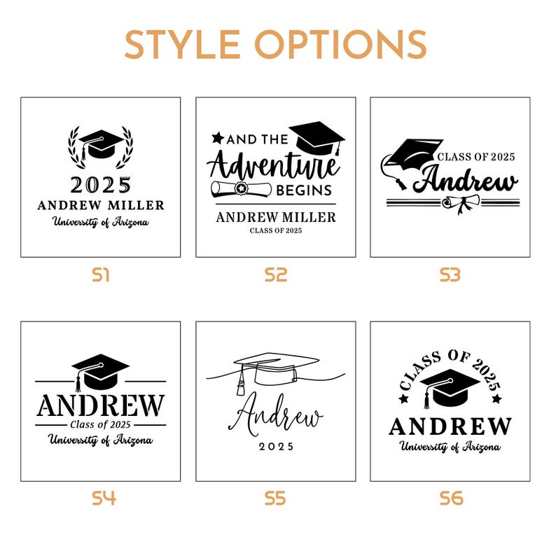May include: Six different graduation cap designs for a graduation announcement or invitation. The designs feature a graduation cap, the year 2025, the name Andrew, and the text "Class of 2025".