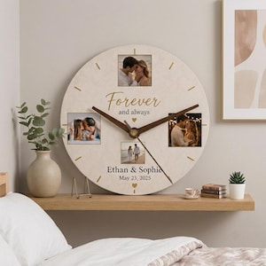 May include: A round wall clock with a light beige textured face featuring three square photo inserts of couples, dark brown hands, and gold-colored hour markers. The text reads Forever and always, Ethan & Sophie, and May 23, 2025.
