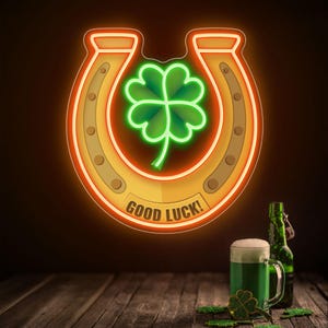 Letrero de neón con forma de trébol, letrero de neón LED con forma de hoja de la suerte personalizado, decoración del día de San Patricio, decoración con forma de herradura de trébol, regalo de fiesta del día de San Patricio