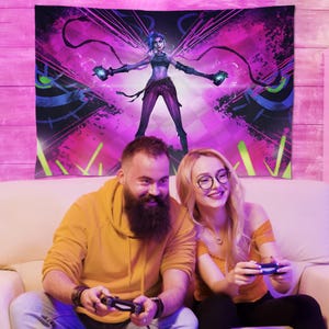 Jinx Arcane カスタムタペストリー ゲームルーム装飾、アニメタペストリー カスタム壁装飾、ボーイフレンドへの写真ブース背景ギフト、パーソナライズされたギフト