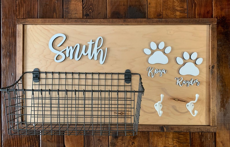 Custom Family Entry Organizer Pet Organizer Dog Organizer with attached basket and leash hooks Dog Leash Hook and Basket Sign Combo