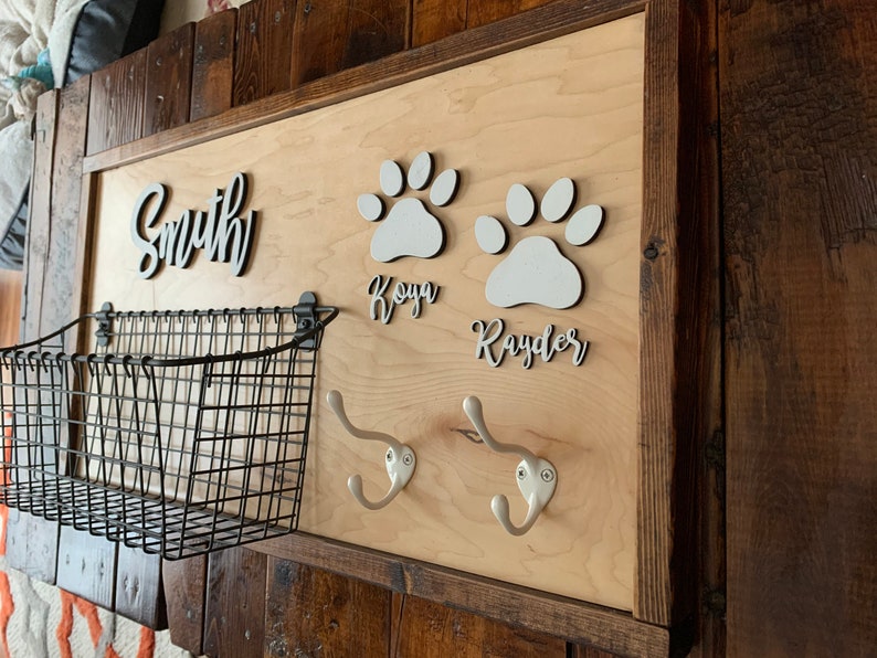 Custom Family Entry Organizer Pet Organizer Dog Organizer with attached basket and leash hooks Dog Leash Hook and Basket Sign Combo