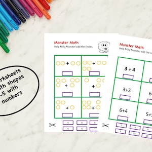 Peut inclure: Une feuille de travail imprimable pour les enfants pour s'entraîner à l'addition. La feuille de travail présente un personnage de monstre et comporte deux sections. La première section contient des cercles à compter et à additionner. La deuxième section contient des problèmes d'addition avec des nombres à résoudre. Le texte sur la feuille de travail dit "Monster Math" et "Aidez Milly Monster à additionner les cercles" et "Aidez Milly Monster à additionner les nombres".