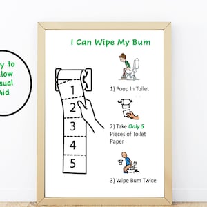 Może przedstawiać: Oprawiony wydruk z napisem "I Can Wipe My Bum" oraz instrukcją krok po kroku z ilustracjami. Przewodnik zawiera instrukcje dotyczące używania papieru toaletowego. Okrągła grafika głosi "Łatwa pomoc wizualna".