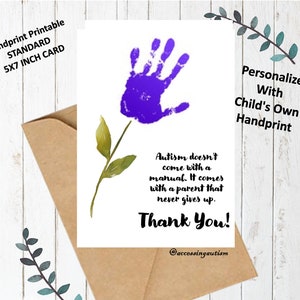 Tarjeta de agradecimiento de autismo, tarjeta de flores con huella de mano, regalo de autismo para la madre, tarjeta de papá con autismo, tarjeta de agradecimiento imprimible
