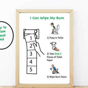 Könnte beinhalten: Eine Schwarzweißillustration einer Toilette und einer Hand, die Toilettenpapier von einer Rolle nimmt. Die Illustration trägt den Titel "I Can Wipe My Bum" und umfasst drei Schritte: 1) Poop in Toilet, 2) Take Only 5 Pieces of Toilet Paper und 3) Wipe Bum Twice.
